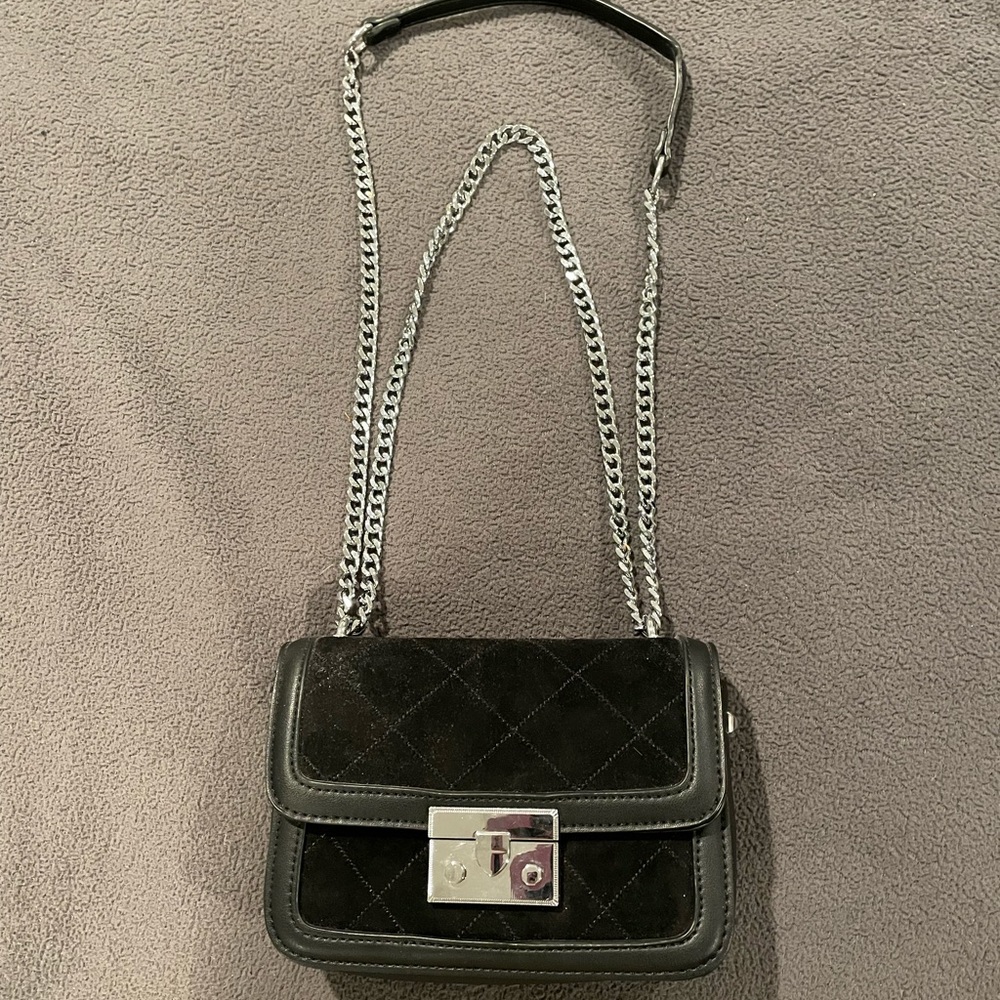 Black leather/velvet, silver chain, crossbody handbag
